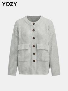 YOZY Women's Plain Button Front Drop Shoulder Sweater Cardigan, Casual Long Sleeve Round Neck Pocket Cardigan for Fall & Winter, Women's Knit Clothing for Daily Wear