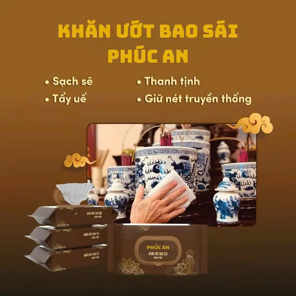 Thùng 12 Gói Khăn Lau Bao Sái Ban Thờ Phúc An Hương Trầm Cao Cấp - Làm Sạch