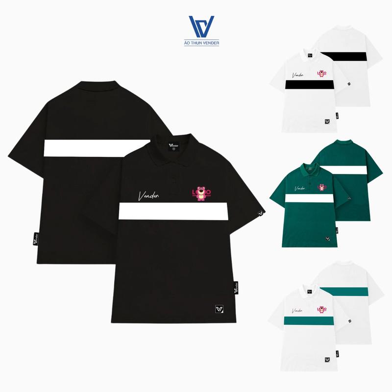 Áo polo  Ngắn Tay  phối sọc họa tiết gấu dâu Tay Ngắn (PL14) Menswear Top Có Cổ Áo Thun 0