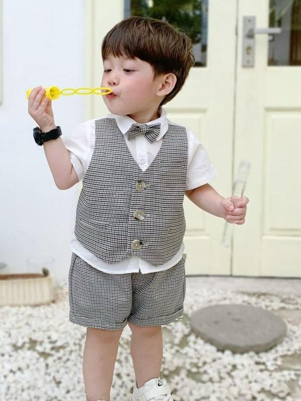 Bộ quân áo công tử đầy tháng thôi nôi bé trai gồm áo có may sẵn gile có nơ và quần phong cách dễ thương size 7kg đến 14kg vest  cho