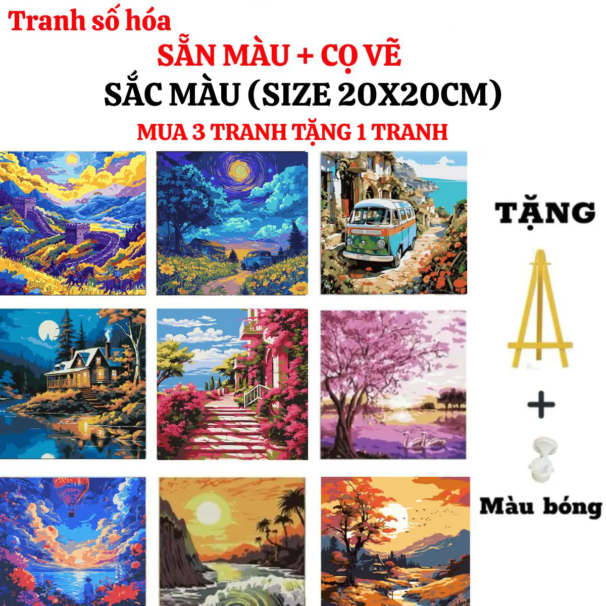 Tranh tô màu theo số thiên nhiên SẮC MÀU size 20x20cm kèm khung, Mua 1 tranh Tặng 1 kệ để tranh, 1 màu bóng, màu tô, cọ vẽ, móc treo tranh, mua 3 tranh tặng 1 tranh, tặng 4 kệ gỗ, 4 màu bóng Diy Vẽ Tranh
