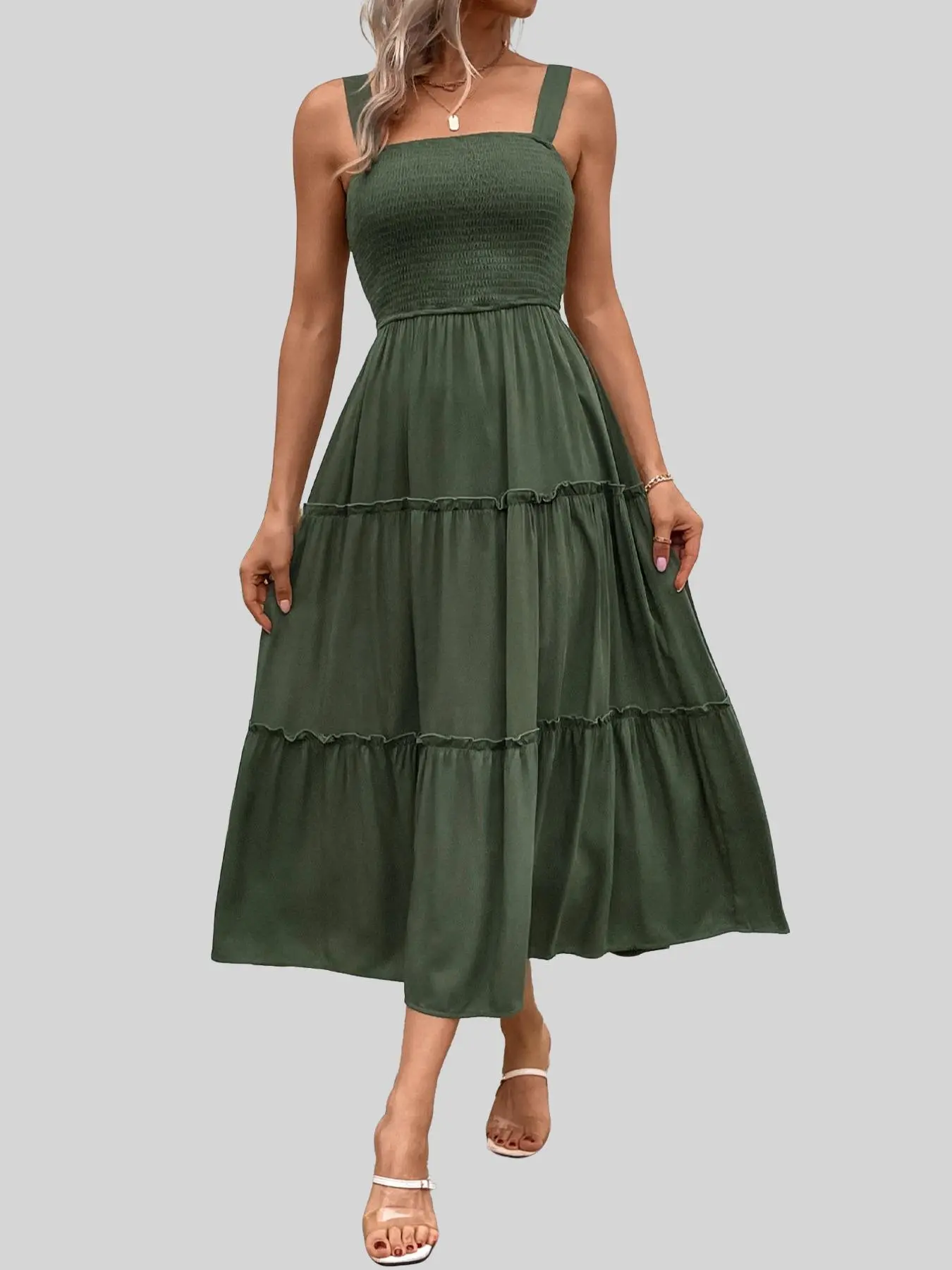 Women's Frill Trim Ruffle Hem Shirred Backless Cami Dress, Sleeveless A Line Long Dress, Homecoming Dresses, Summer Outfits 2024, Back To School Dresses for Women, Night Out Outfits, Going Out Outfits 2024, Hide Tummy Outfits Uk, Modest Outfits