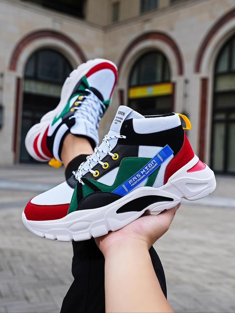 Product Introduction of Men's Trendy Colorblock Letter Patchwork Lace up High Top Sneakers, Casual Versatile Comfortable Chunky Shoes for Outdoor Sports 12