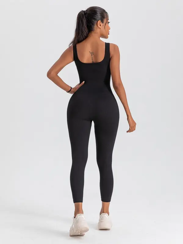 Women's Solid Backless Ribbed Sports Jumpsuit, Scoop Neck Seamless Jumpsuit, Ladies Sportswear Clothing, Sports Onesies, Summer Outfits 2024, Please Purchase A Size Up 5
