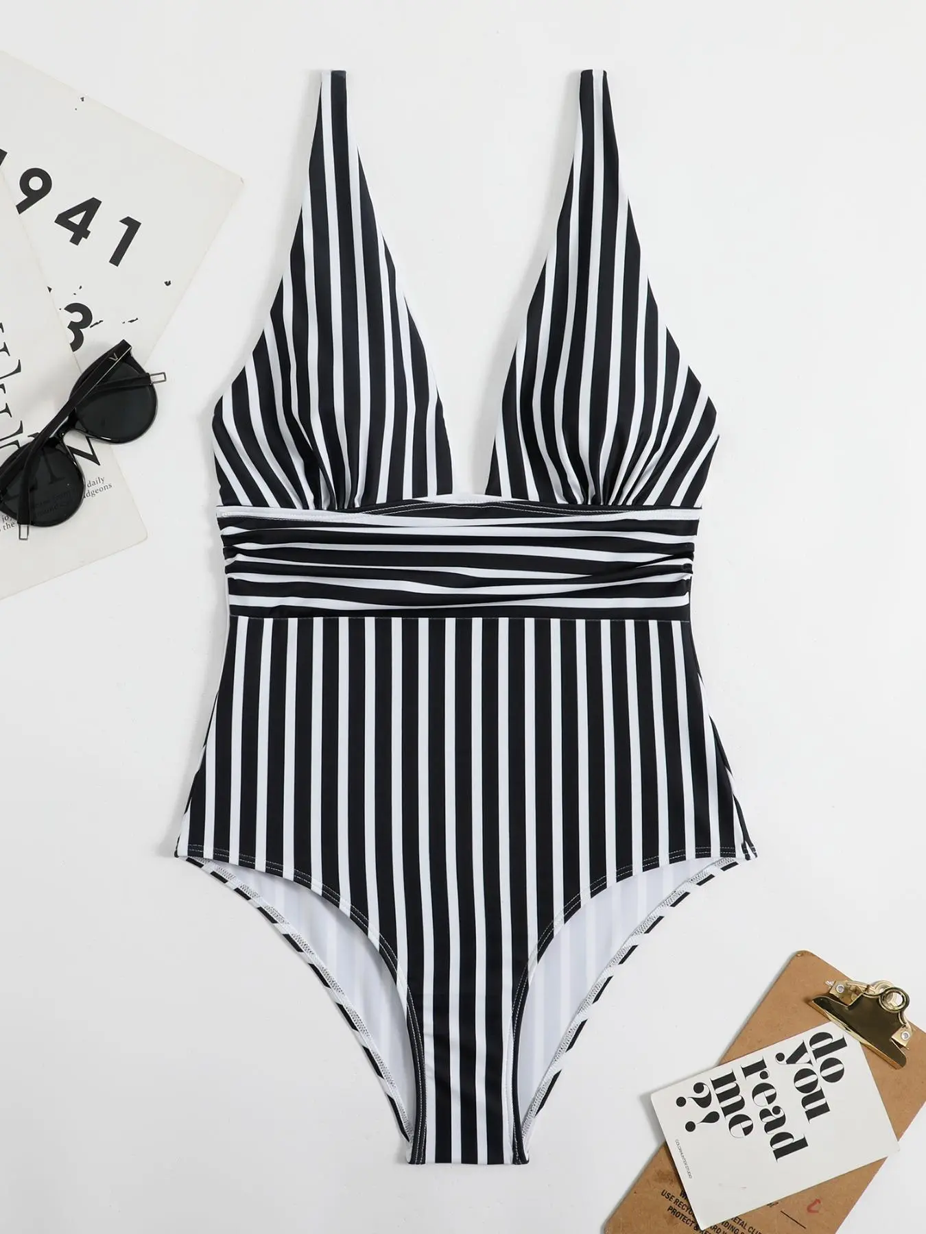 Women's Striped Print V Neck Backless Swimsuit, Casual Adjustable Strap Tummy Control Swimwear for Summer, Vintage Retro One-piece Bathing Suit for Women, Gym Sets Swimsuit for Women