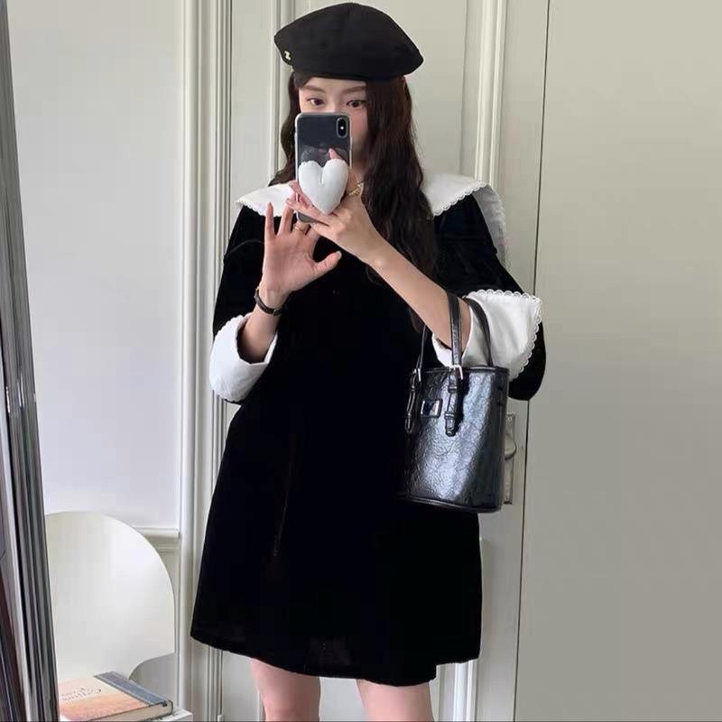 Váy baby doll cổ bèo trắng chất nhung V202