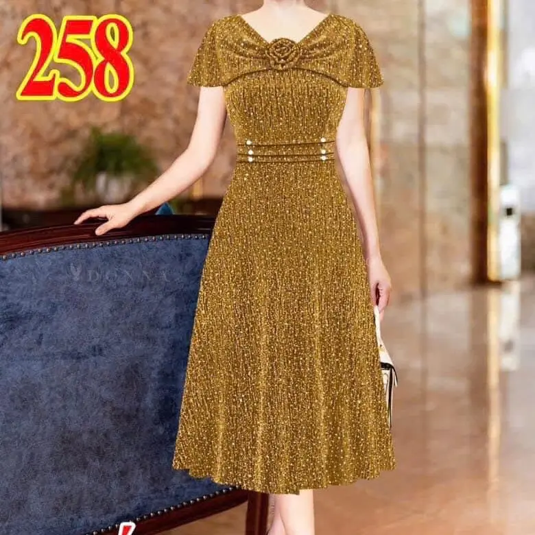 Đầm trung niên M255 thun nhủ dệt kim cao cấp, size 48-70kg - Women, Nữ