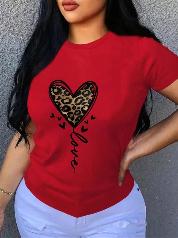 Women's Heart & Leopard Print Drop Shoulder Tee, Casual Half Sleeve Round Neck T-Shirt for Daily Wear, Ladies Clothes for All Seasons, Graphic Tees Women, Women's Clothing, Womenswear 3