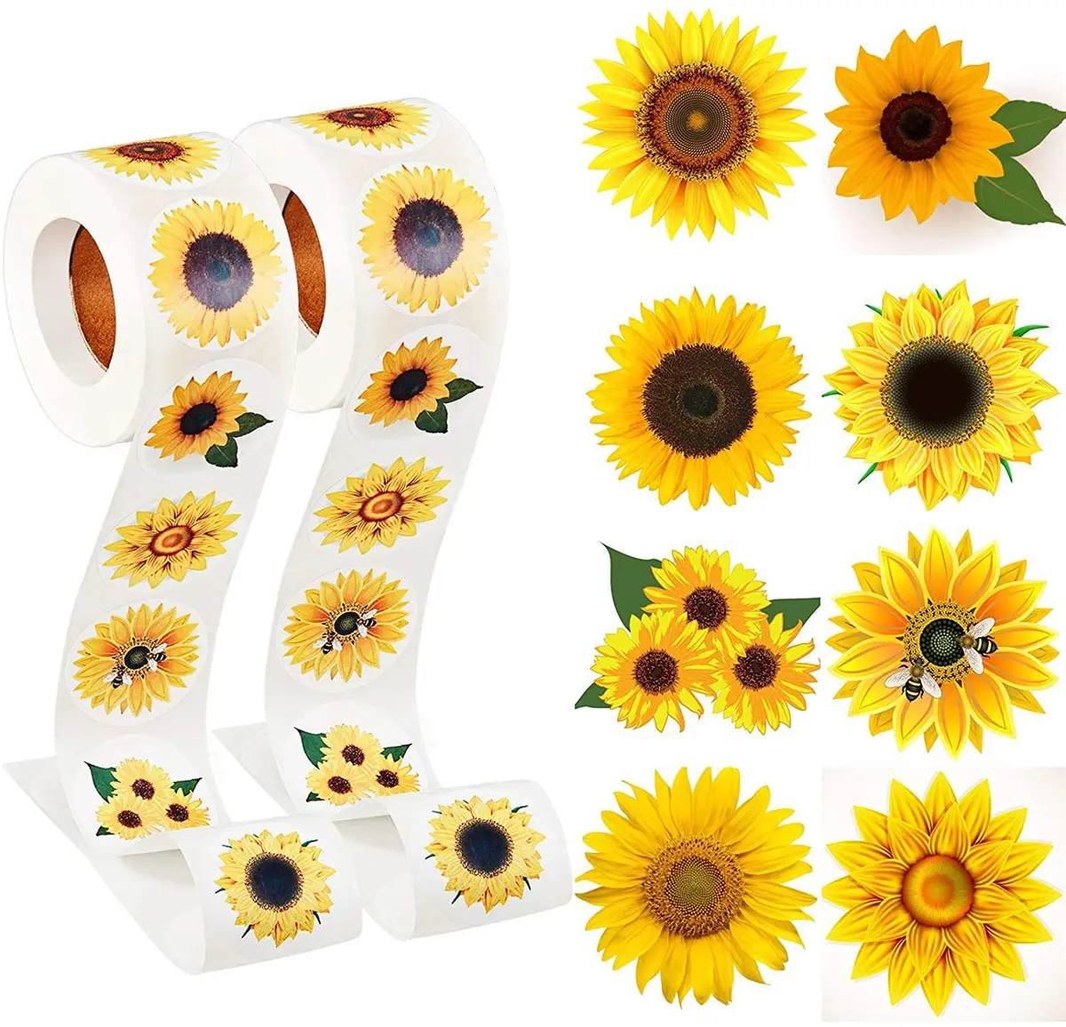 500Pcs/Roll Sunflower Stickers 1.5 Inch Sunflower Label with 8 Sunflower Patterns Summer Sunflower Sticker Roll Self Adhesive Seals for Christmas Thanksgiving Party Decor Scrapbooking Cards Envelopes