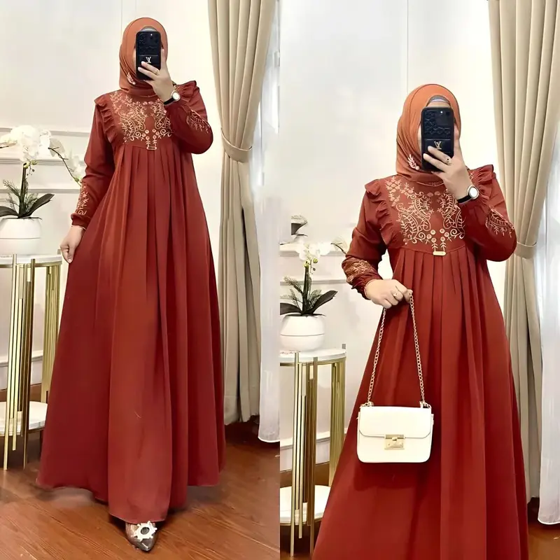 Vigansya Design Lunara Maxi Dress Bahan Cringkle Airlfow Aplikasi Bordir Mewah Elegant Kekinian 4