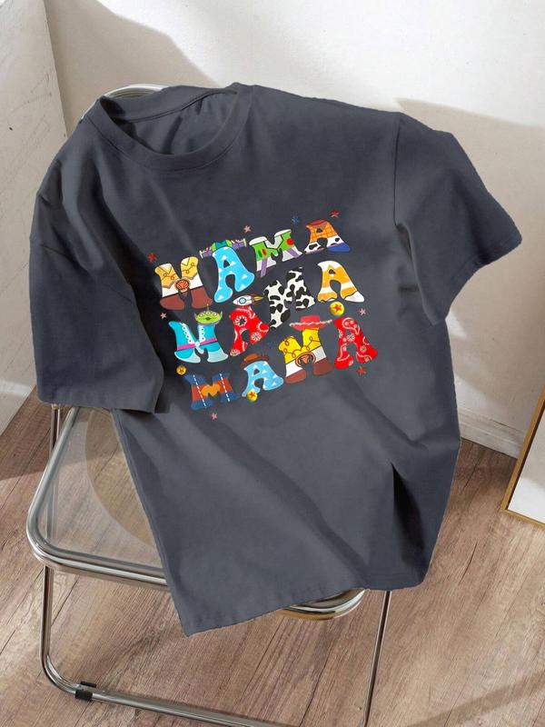 Women's "mama" Cartoon Letter Print / Plain Round Neck Drop Shoulder Tee, Casual Fashion Half Sleeve Crew Neck T-shirt for Daily Holiday Vacation Wear, Ladies Clothes for All Seasons 2