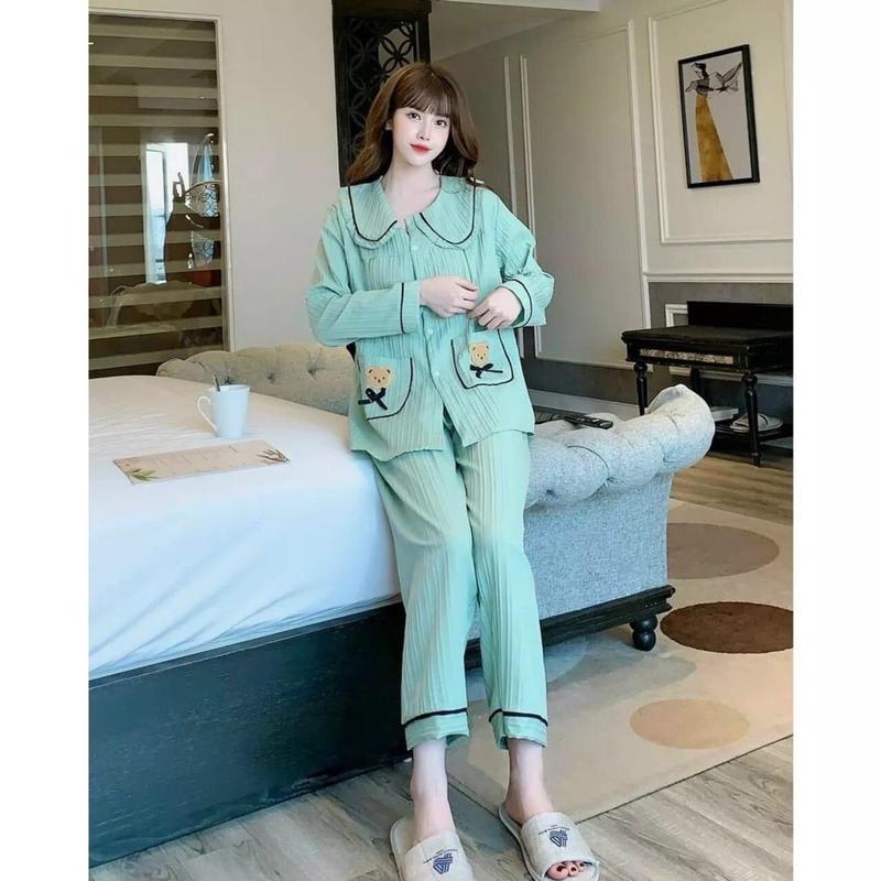 Bộ bầu-bộ sau sinh pijama viền bèo tay dài quần dài.áo có khoá ti,quần chun chỉnh 1