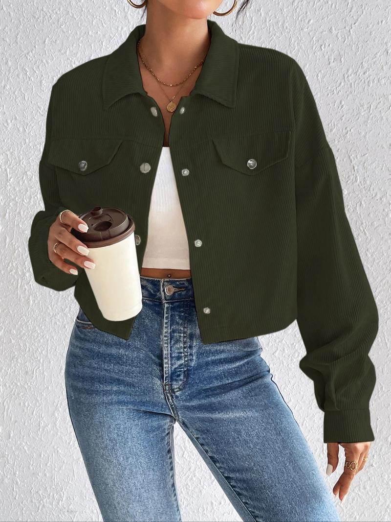 Product Introduction of [2025]Women's Plain Button Front Collared Long Sleeve Jacket, Y2k Clothes, Casual Drop Shoulder Pocket Corduroy Jacket, Shacket Coat for Fall & Winter, Jacket for Women Back To School, Holiday Outfits, Coats for Women, School Essentials 3