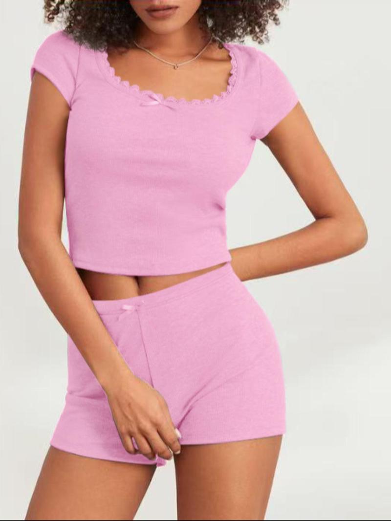 Product Introduction of Women's Solid Ribbed Crop Top & Shorts Two-piece Set, Casual Fashion Cozy Breathable Two Piece Outfits for Daily Wear, Ladies Clothes for All Seasons 1