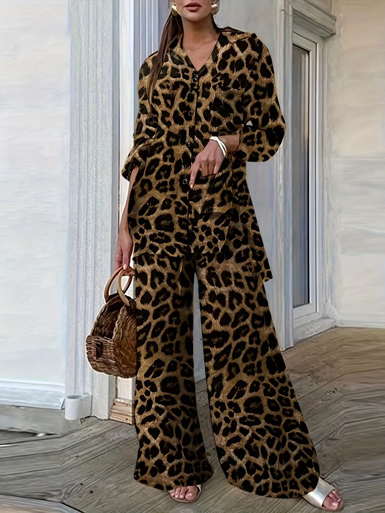 Women's Leopard Print Button Front Drop Shoulder Blouse & Elastic Waist Pants Two-Piece Set, Elegant Fashion Casual Two Piece Outfits for Daily Outdoor Wear, Women Clothes for Fall & Winter