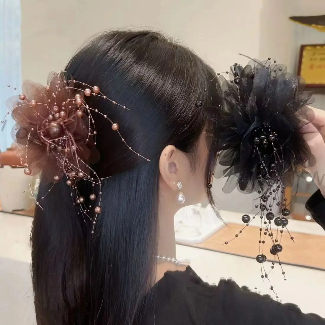 Kẹp Tóc, Hàng Mới Về, Thiết Kế Thanh Lịch, Hạt Đen Và Tua Rua, Để Hiển Thị, phồng, Kẹp Cá Mập