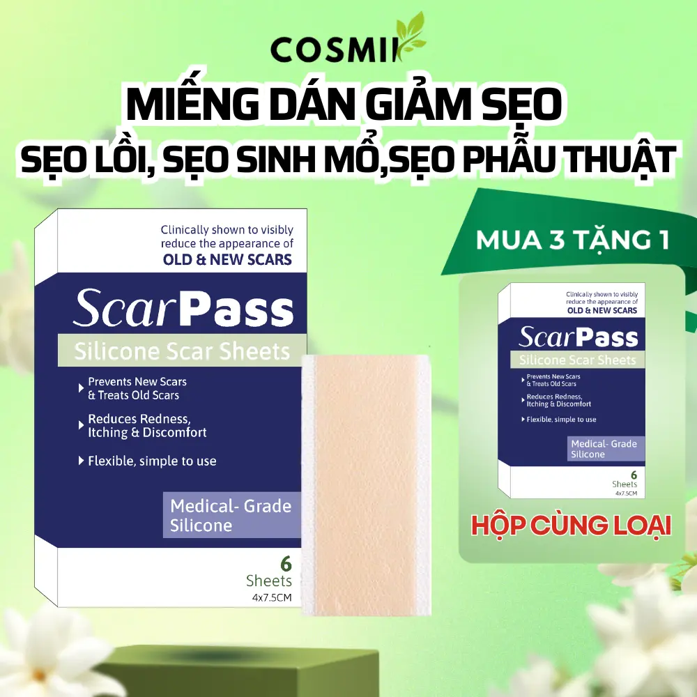 Miếng dán sẹo silicone phẳng sẹo lồi, sẹo sau sinh, sẹo nâng ngực, sẹo bỏng ScarPass sạch sẹo, sáng da, ngừa thâm