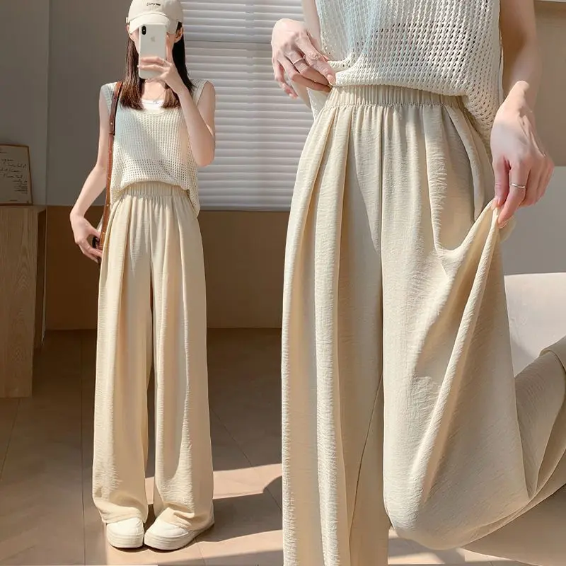 Ice Silk Wide-Leg Pants for Women, Summer Thin High-Waist Draped Straight-Leg Sun-Proof Cool Pants, Elastic Waist Lazy Yamamoto Pants wide  ribcage  outfit celana  maharani  kemala