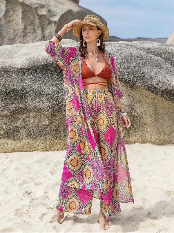 Two-Piece Set Women's Boho Summer Sets, Summer Clothes for Women, Co Ord Set Summer, Ethnic Pattern Kimono & Wide Leg Pants, Summer Outfits 2024, Open Front Top with Palazzo Pants, Two Piece Set Clothing 4