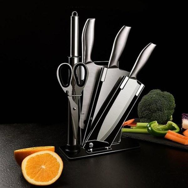 Bộ Dụng Cụ Dao Nhà Bếp Nhật Inox 6 Món - Bộ Dao Thái, Dao Chặt, Kéo Làm Bếp Đúc Nguyên Khối Tặng Kèm Giá Đựng Dao