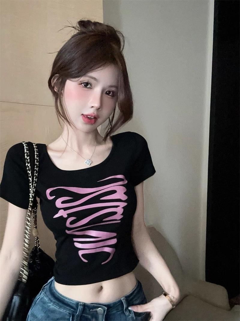 Product Introduction of Hot Design girls lace-up backless shoulder short sleeve top WOMEN'S slim fit slimming handbag color printed short T-shirt 7