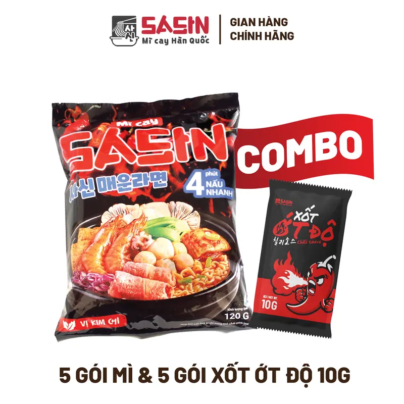 Combo 5 gói mì Sasin vị kim chi 120g+ 5 gói xốt Ớt Độ Sasin BSET0103