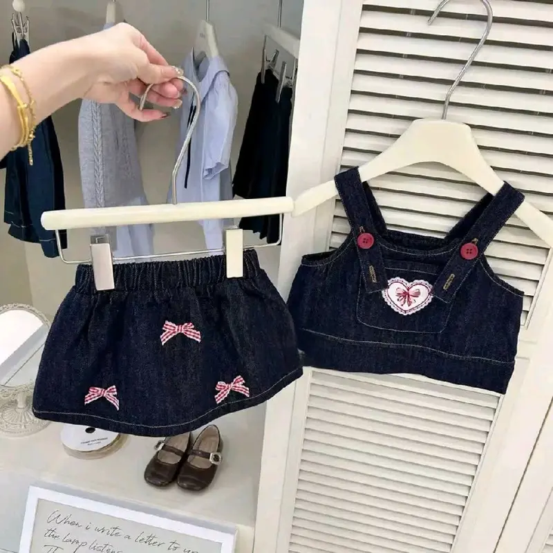 C72 - Set Bộ Áo Jean 2S Bản To Phối Chân Váy Xòe Gắn Nơ Điệu 0