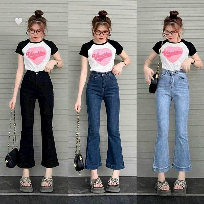 QUẦN LOE LỞ BASS LỞ TRƠN LAI GẤP 90CM TÔN DÁNG LƯNG CAO QUA RỐN Nữ Women Jean Pants Denim