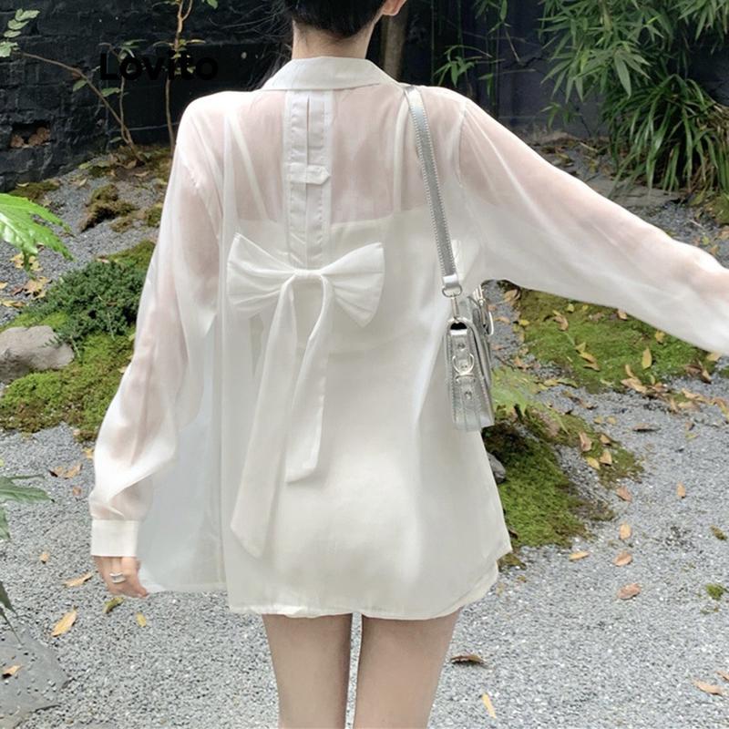 Áo sơ mi voan tơ mỏng kiểu Pháp phối nơ dáng dày chống nắng Nữ Women