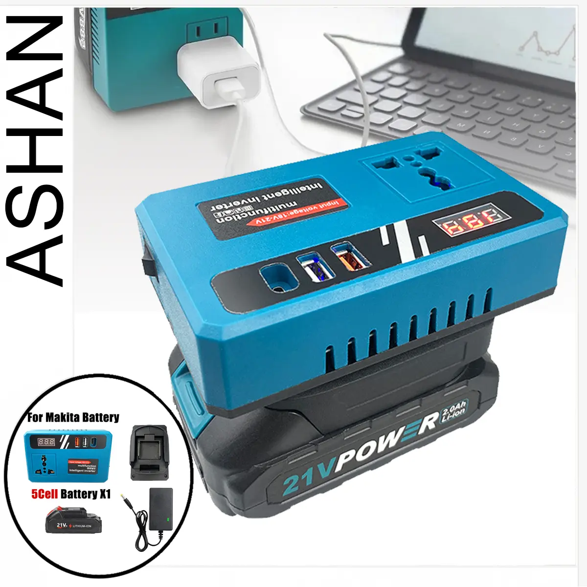 อินเวอร์เตอร์ไร้สาย 2025 รุ่นใหม่ 150W DC 21V to 220V สำหรับแบตเตอรี่ แปลงไฟ รถยนต์ หม้อแปลงไฟ อะแดปเตอร์พาวเวอร์ซัพพลาย สามารถใช้งานกับพัดลมได้