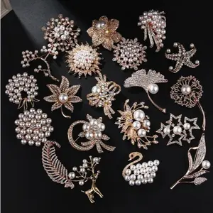 Bros Fashion Penuh Mutiara Crystal Bunga Daun Anti Selip Aksesori Logam Campuran