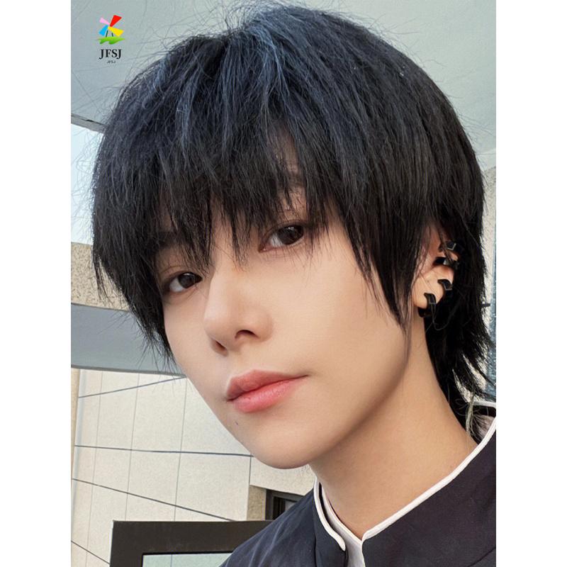 Wig Ekor Serigala untuk Pria, Kepala Mullet Gaya Jepang, Poni Sedikit Terbagi, Alat Peraga Foto Gaya Anime, Penutup Rambut Kepala Penuh Halus 3