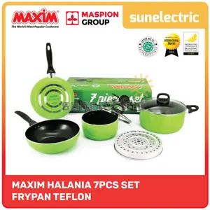 Maxim New Halania 7 Pcs Set Panci Wajan Penggorengan Wok Teflon Anti Lengket + Sarangan Steamer Kukusan + Tutup Kaca - Hijau