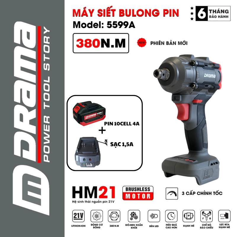 Máy siết bulong pin DRAMA 5599A, Động cơ KHÔNG CHỔI THAN, Lực siết 380Nm, 2 trong 1 siet  bulong  pin