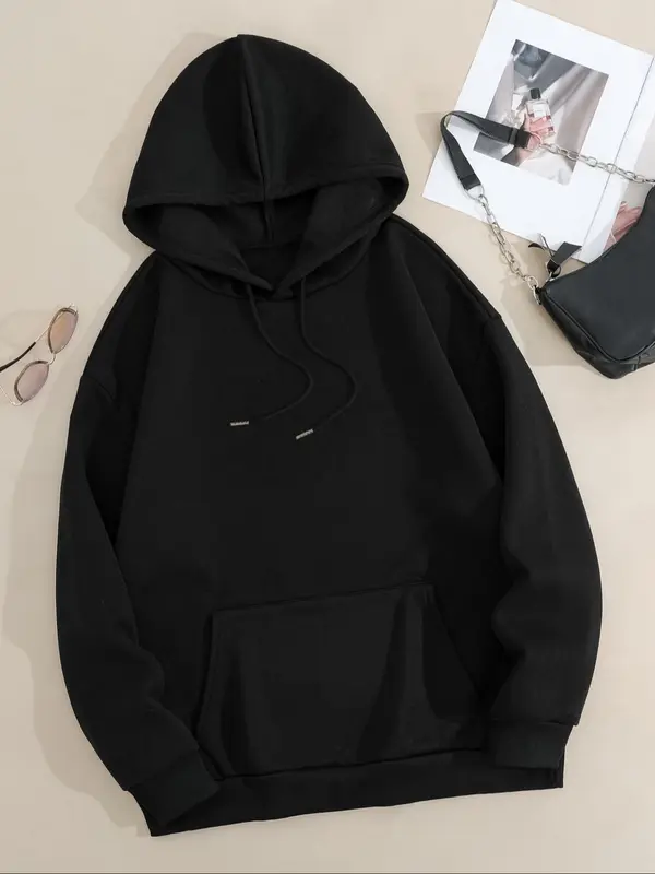 【Plus Size】 Letter & Airplane Print Drop Shoulder Hoodie, Fashion Casual Drawstring Pocket Hooded Sweatshirt for Daily Holiday Outdoor Wear, Women Clothing for Fall & Winter 1