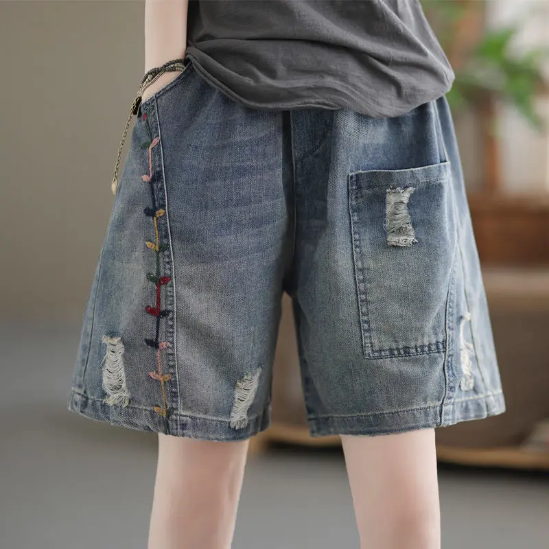 Quần Short Denim, Quần Mới Mùa Hè 2024 Cho Nữ, Dáng Rộng Vừa Vặn Thường Ngày Quần Ống Rộng Mỏng Khâu Thêu Rách Cho Nữ,  Women Ong, Pants, Jeans
