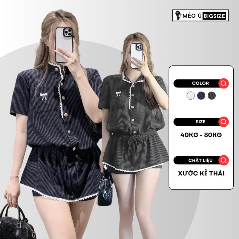 Set váy nữ bộ Jumpsuit cổ tàu phối viền ren đính cúc đồng túi thêu nơ kèm quần short phong cách tiểu thư thanh lịch 1901