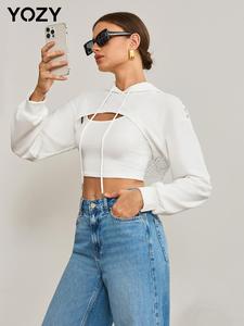 YOZY-GOOO Drawstring Hollow Out Super Crop Hoodie & Plain Cropped Cami Top, Fashion Long Sleeve Hoodie & Spaghtti Strap Crop Top Set, Sweatsuit Set Outfit, 2024 Women's Spring & Autumn Outfits for Daily Wear
