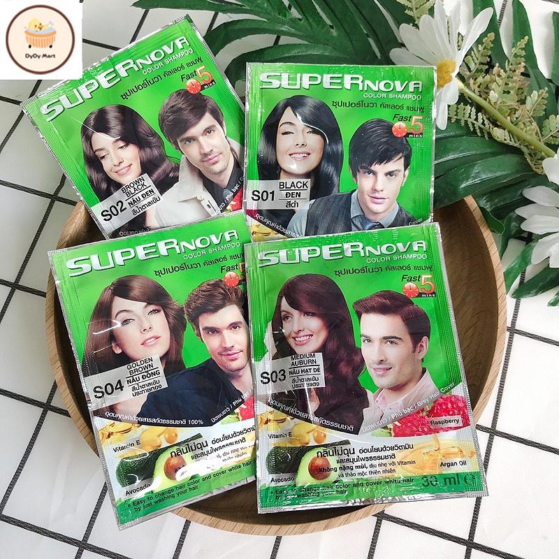 (1 gói) Dầu Gội Nhuộm Tóc Thảo Dược Phủ Bạc Super Nova Màu Đen, Nâu Đồng, Nâu Hạt Dẻ, Nâu Đen