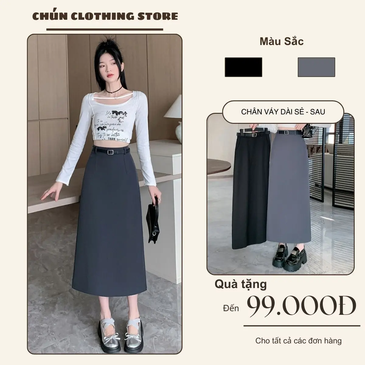 Chân Váy Ulzang Chân Váy Midi Dáng Dài Trơn Xẻ Tà Sau Cạp Cao Tôn Dáng Chất Tuyết Mưa Dài 90cm CHUN-03