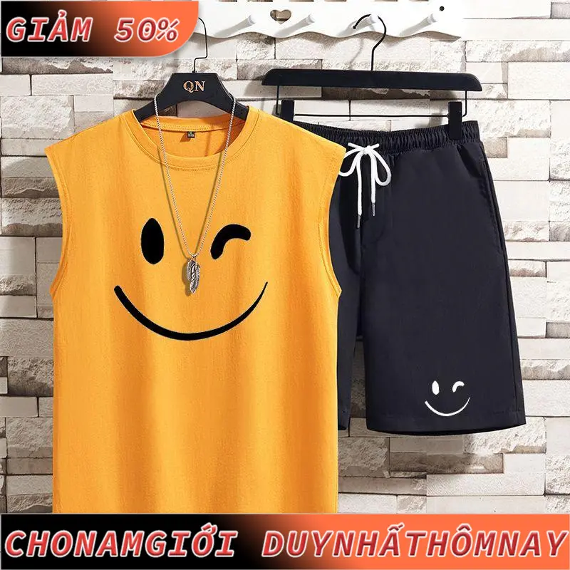 Bộ Áo Vest Không Tay Mặt Cười Thương Hiệu Hợp Xu Hướng Bộ Áo Thun Nam, Quần Đùi Ngoại Cỡ Mùa Hè, Bộ Hai Mảnh Thường Ngày, Chính Hãng Từ 1914 Đánh Giá Tích Cực