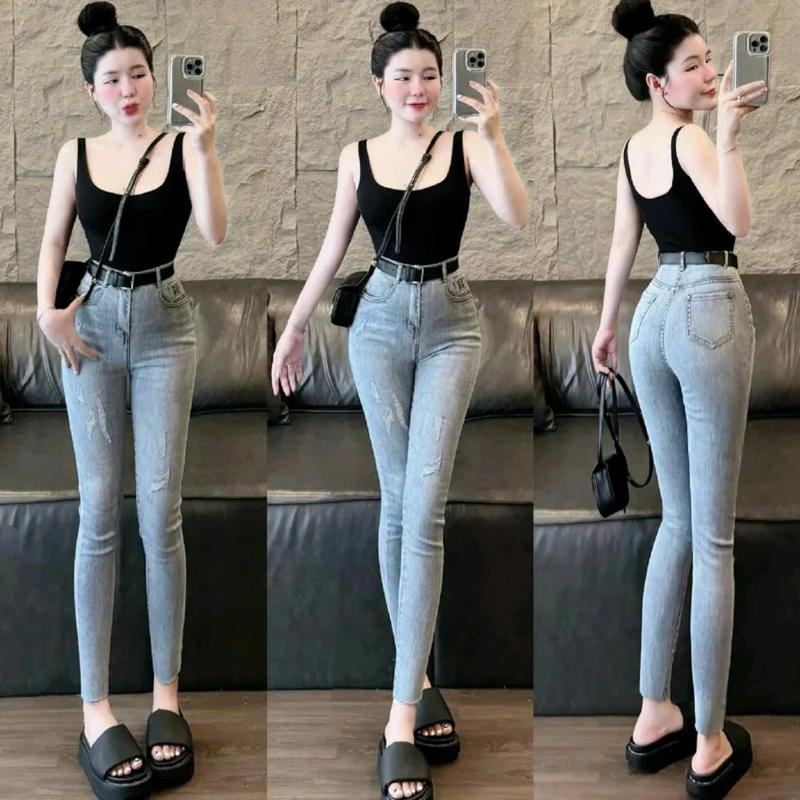 Quần Jean Nữ Lưng Cao ôm body đẹp vải co dãn cao cấp, Quần dài nữ vải denim siêu hack dáng túi thêu logo TH518