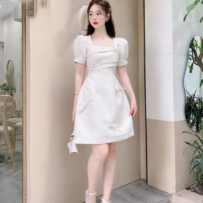 Đầm dự tiệc dáng xoè tay phồng xếp ly ngục July sang trọng Nữ Dress Women vay dangdai đen m đóng ngọc váy thường mặc