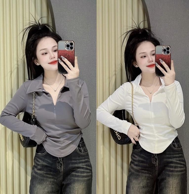 Product Introduction of Áo thun tay dài nữ cổ bẻ phối khoá kéo dáng ôm sát body (Tay dài khoá kéo) Top Women 4