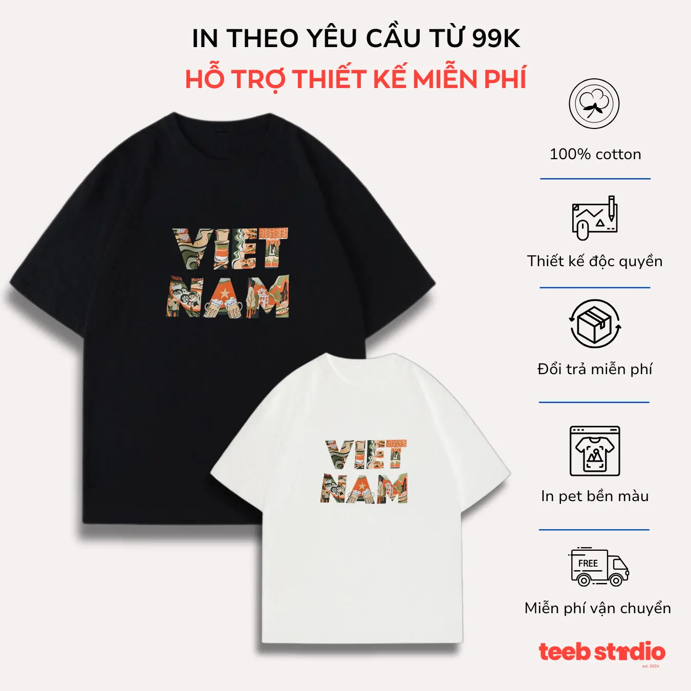 Áo Thun Basic VIỆT NAM Cotton Thoáng Mát UNISEX - Thiết Kế Đơn Giản Màu Đen/Trắng