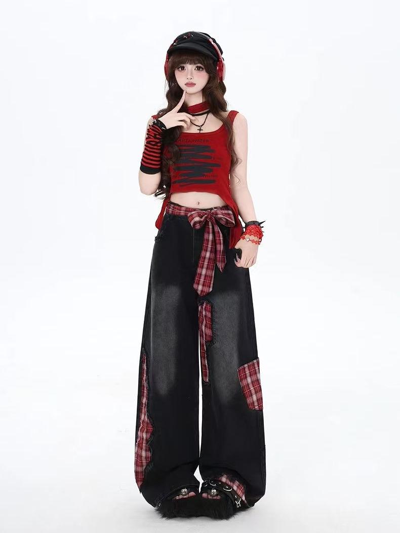 Product Introduction of Quần jeans nữ ống rộng thời trang form rộng Quần Jean Ống Rộng, Cỡ Nhỏ Phong Cách Mỹ Kẻ Sọc Chắp Vá, Có Thắt Nơ, Dành Cho Nữ, Hàng Mới Về Cho Mùa Thu Và Mùa Đông, Quần Dài Dáng Rộng Phong Cách Đường Phố Cao Cấpy2ky2kquần jeans nữquần jean ngầu 5