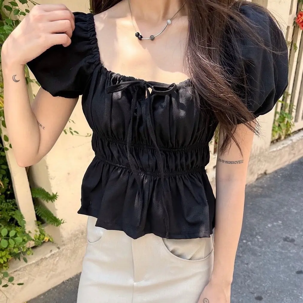 Áo Croptop Cổ Vuông Nơ Rút Tay Phồng Nhún Eo