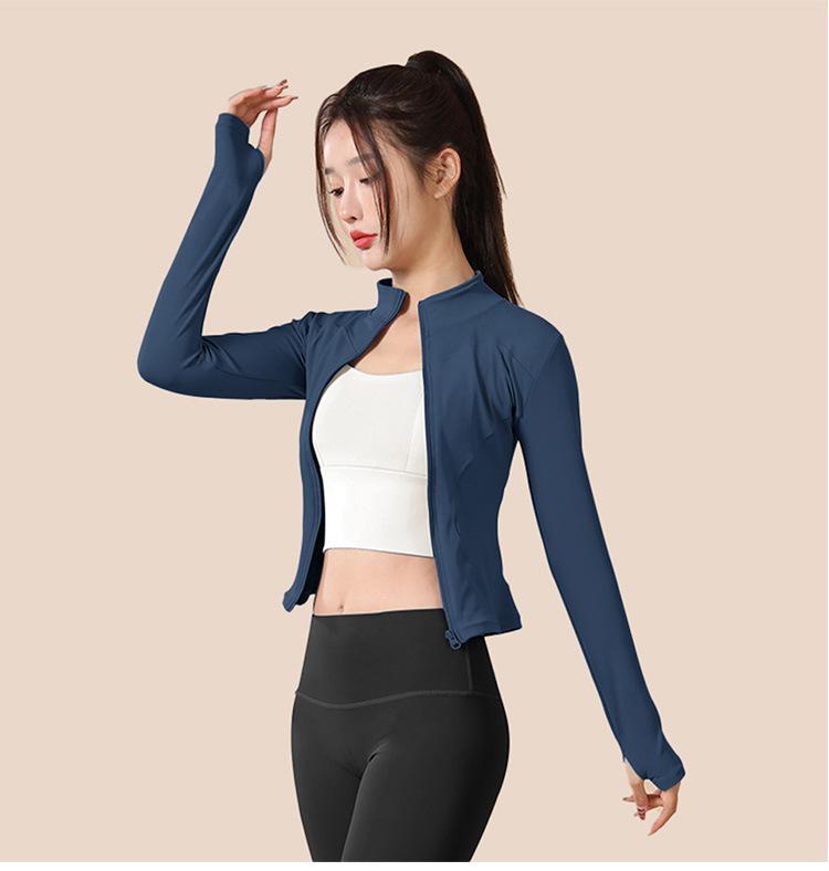 Product Introduction of Spring and Autumn High Elastic Quick-Drying Sports Sun Protection Women's Stand-up Collar Slim Fit Slim Nude Feel Yoga Jacket Workout Clothes Jacket 9