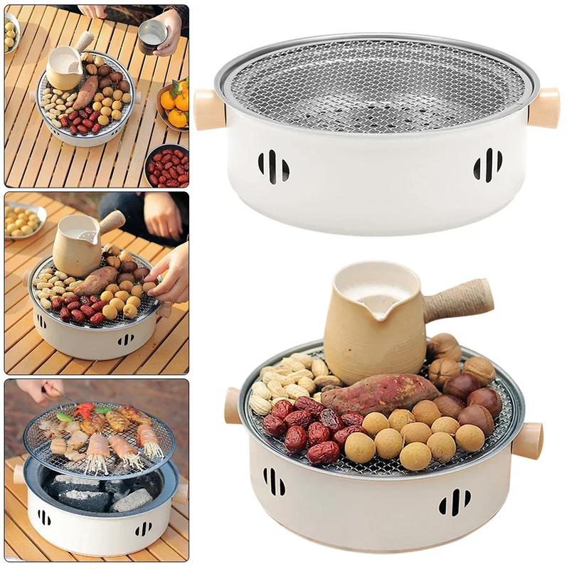 Product Introduction of 28cm (carbon-free) Portable Round Barbecue Grill with Barbed Wire Grill Non-stick Baking Tray Desktop Household Camping Barbecue Tools 1