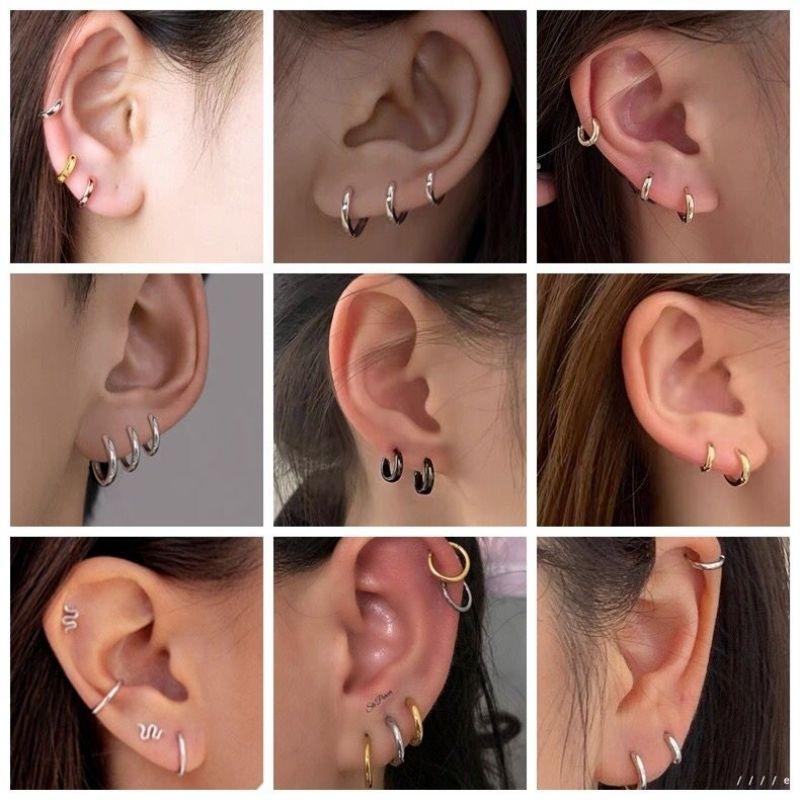 Anting Bulat Hoop Titanium Pria dan Wanita 1pasang Gold Hitam Earrings 0